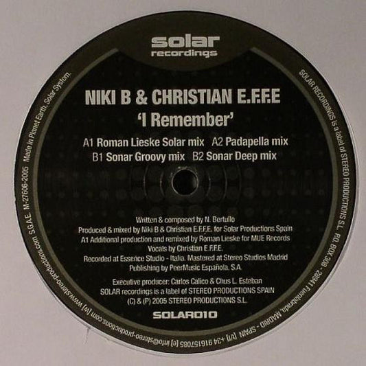 Niki B & Christian E.F.F.E* : I Remember (12")