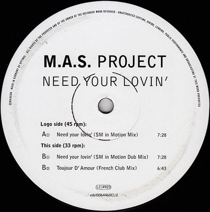 M.A.S. Project : Need Your Lovin' (12")