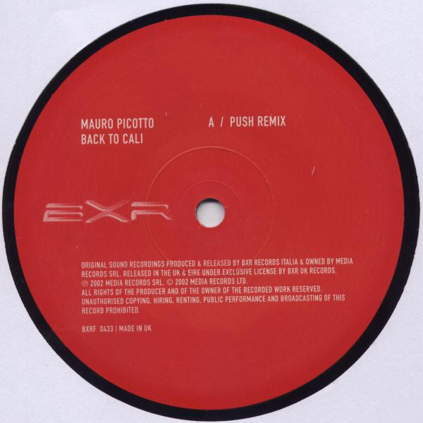 Mauro Picotto : Back To Cali (12", 1 O)