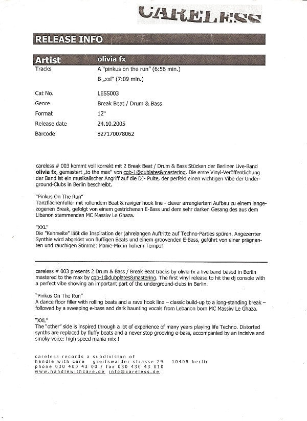 Olivia Fx : Pinkus On The Run / Xxl (12", Promo, W/Lbl)