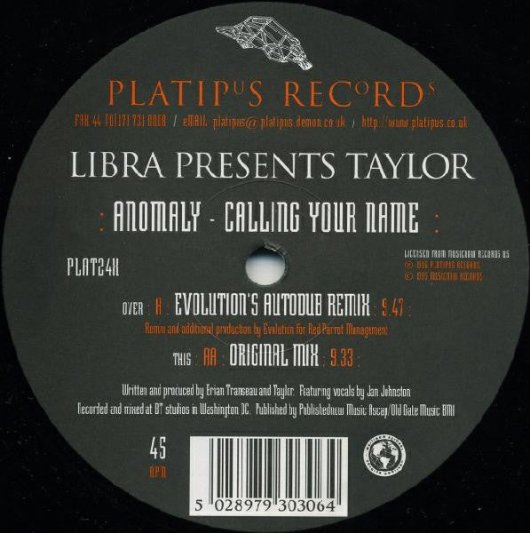 Libra Presents Taylor : Anomaly - Calling Your Name (12")