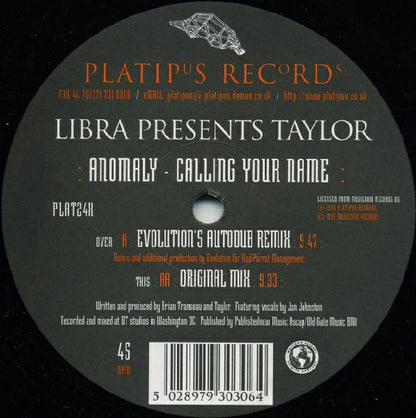 Libra Presents Taylor : Anomaly - Calling Your Name (12")