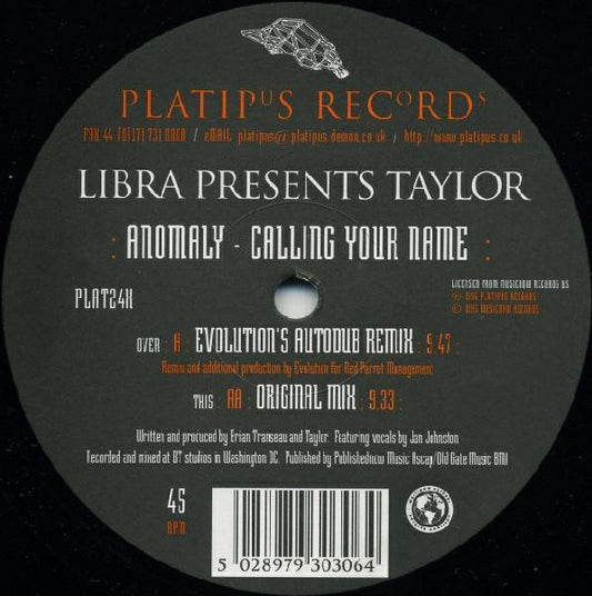 Libra Presents Taylor : Anomaly - Calling Your Name (12")