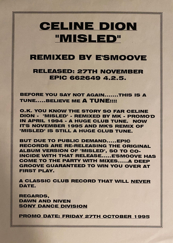 Céline Dion : Misled (E-Smoove Mixes) (12", Single, Promo)