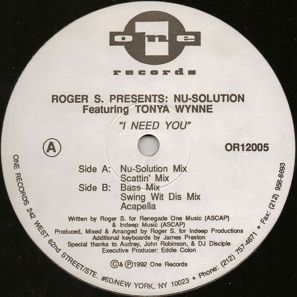 Roger S.* Presents Nu-Solution Featuring Tonya Wynne : I Need You (12")
