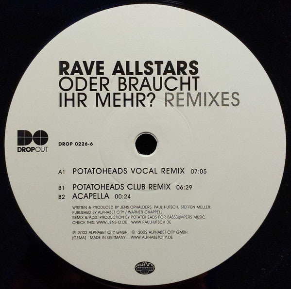 Rave Allstars : Oder Braucht Ihr Mehr? (Remixes) (12")