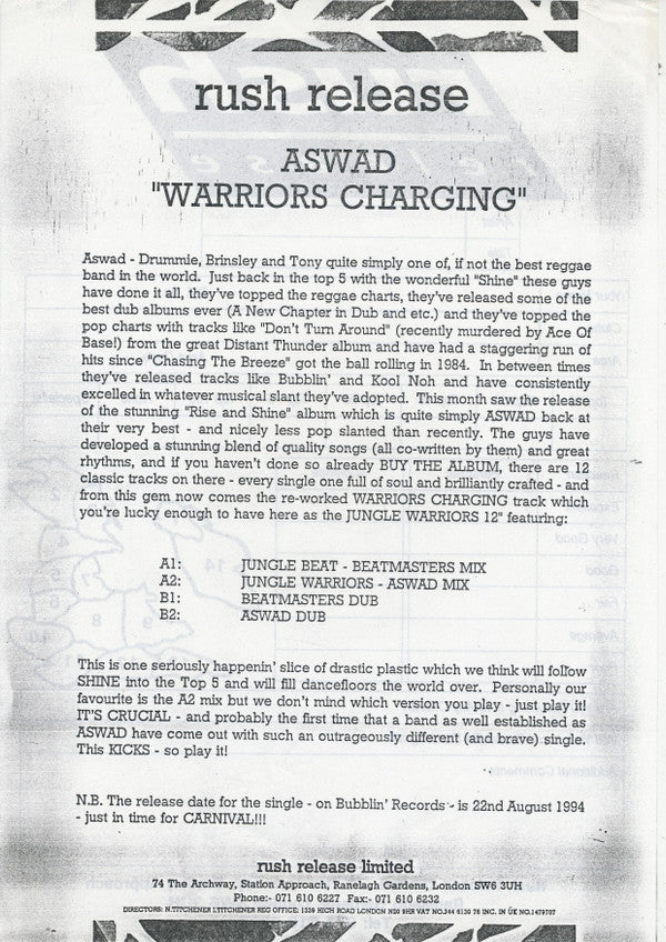 Aswad : Warriors Charging (Jungle Mixes) (12", W/Lbl)