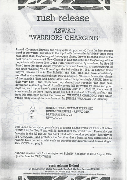 Aswad : Warriors Charging (Jungle Mixes) (12", W/Lbl)