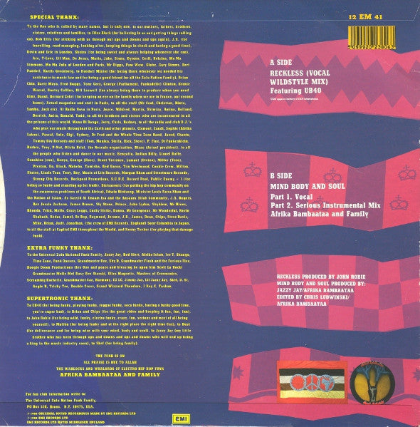 Afrika Bambaataa & Family Featuring UB40 : Reckless (Vocal Wildstyle Mix) (12")