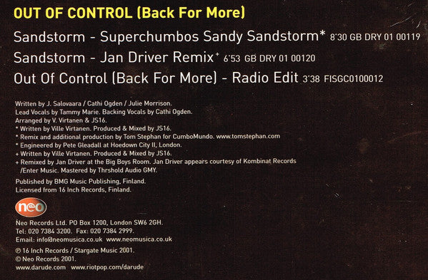 Darude : Out Of Control (Back For More) (12", Single)