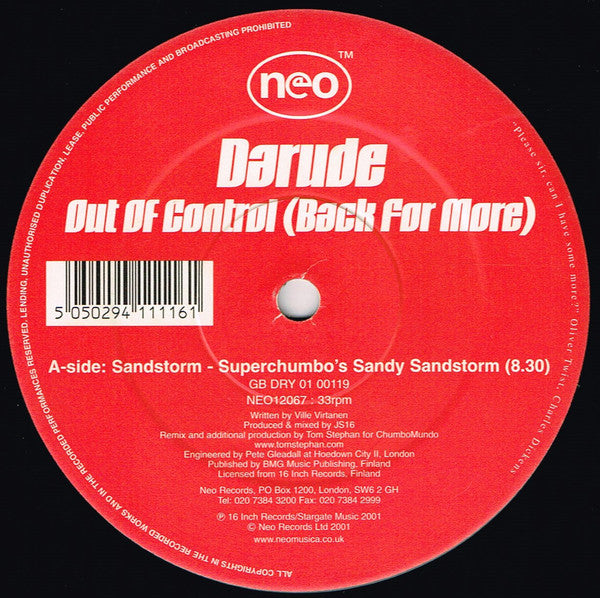 Darude : Out Of Control (Back For More) (12", Single)