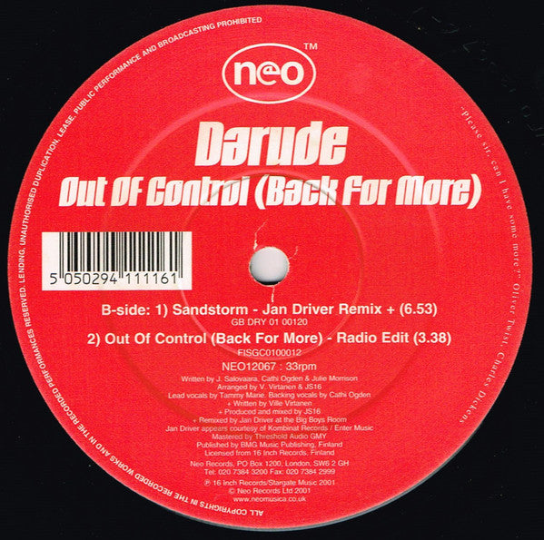 Darude : Out Of Control (Back For More) (12", Single)