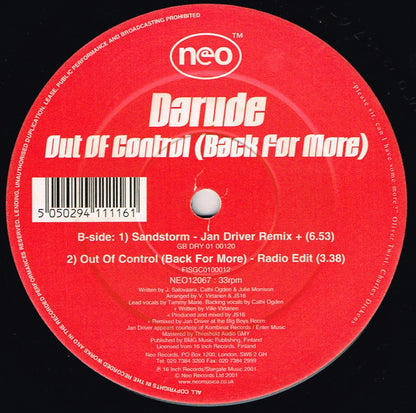 Darude : Out Of Control (Back For More) (12", Single)