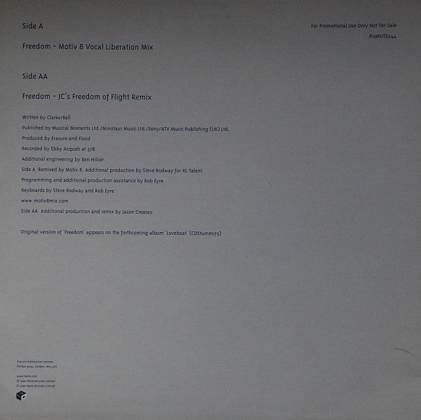Erasure : Freedom (Promo 1: Motiv 8 And JC Mixes) (12", Single, Promo, 1)