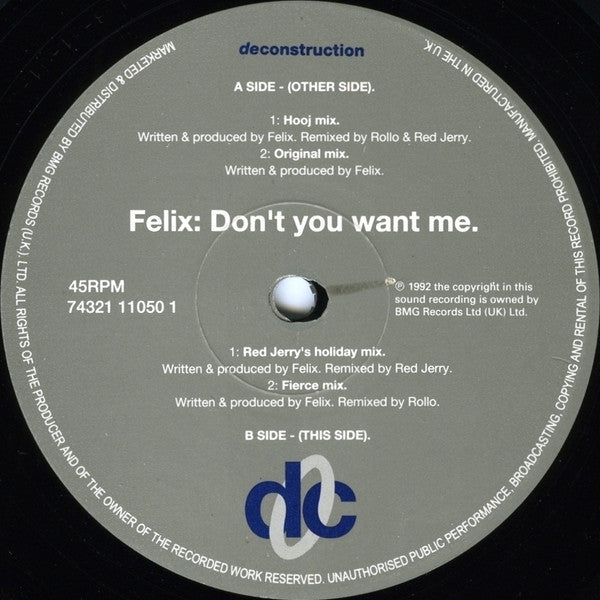 Felix : Don't You Want Me (Original Mixes And Remixes) (12", Single)