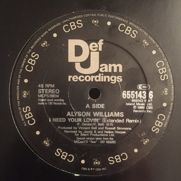 Alyson Williams : I Need Your Lovin' (12", Single, Gen)