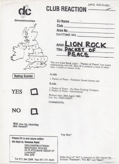Lionrock : Packet Of Peace (12", Promo)