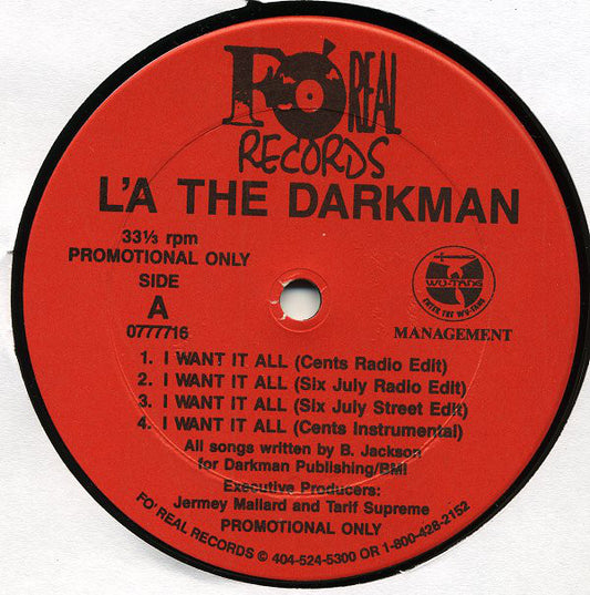 La The Darkman : I Want It All / As The World Turns (12", Promo)