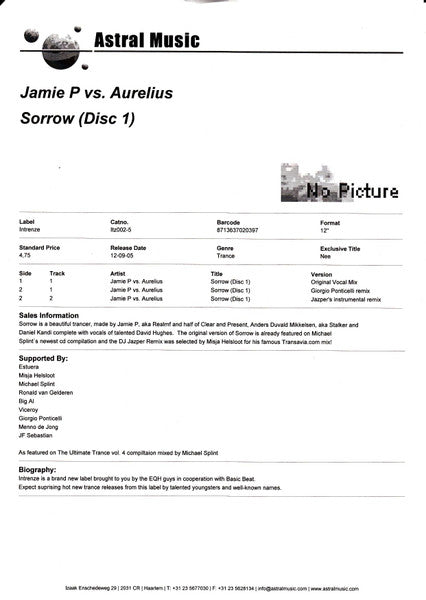 Jamie P* vs. Aurelius ft. David Hughes (27) : Sorrow (Disc One Of Two) (12", W/Lbl)