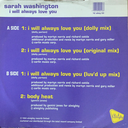 Sarah Washington : I Will Always Love You (Dance Mix) (12")