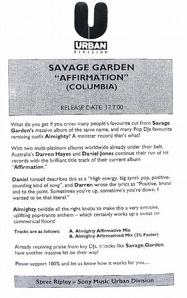 Savage Garden : The Affirmation Mixes (12", Single, Promo)