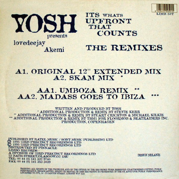 Yosh Presents Lovedeejay Akemi : It's What's Upfront That Counts (The Remixes) (12", Single)