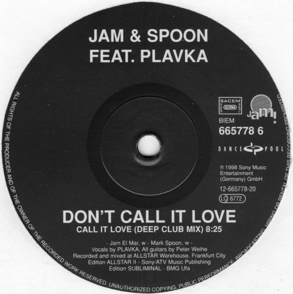 Jam & Spoon Feat. Plavka : Don't Call It Love (12")