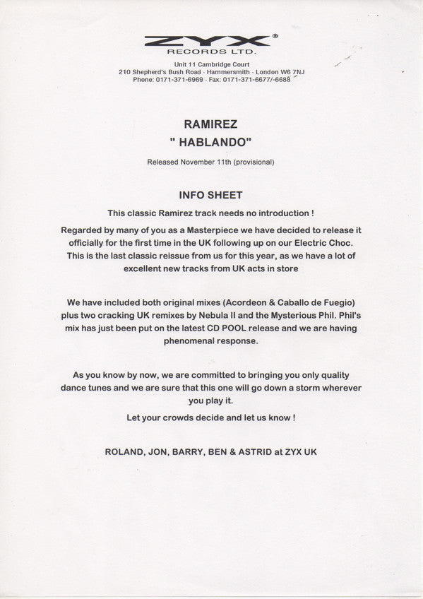 Ramirez Feat. Pizarro : Hablando (12", Promo)