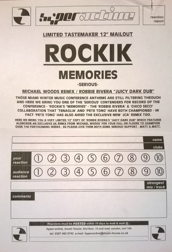 Rockik : Memories (12", Promo, 3)