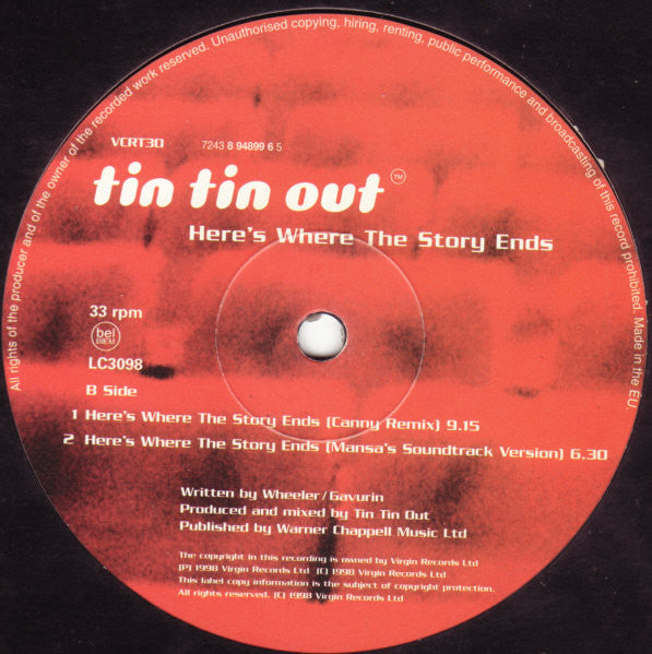 Tin Tin Out Featuring Shelley Nelson : Here's Where The Story Ends (12", Single)