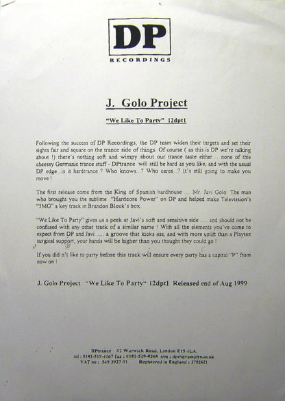 J. Golo Project : We Like To Party (12")