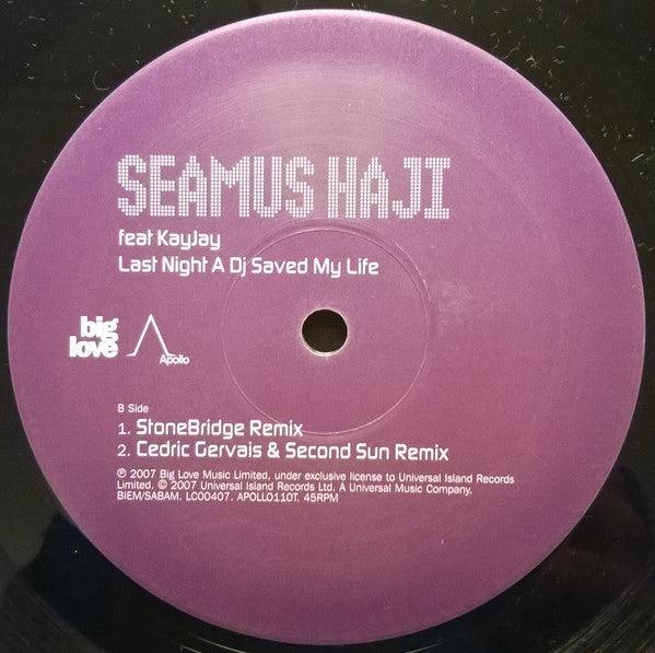 Seamus Haji Feat KayJay : Last Night A DJ Saved My Life (12")