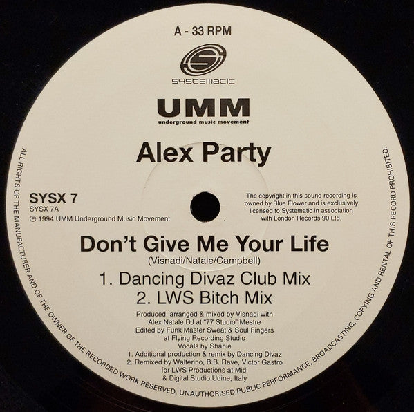 Alex Party : Don't Give Me Your Life (12", Single)