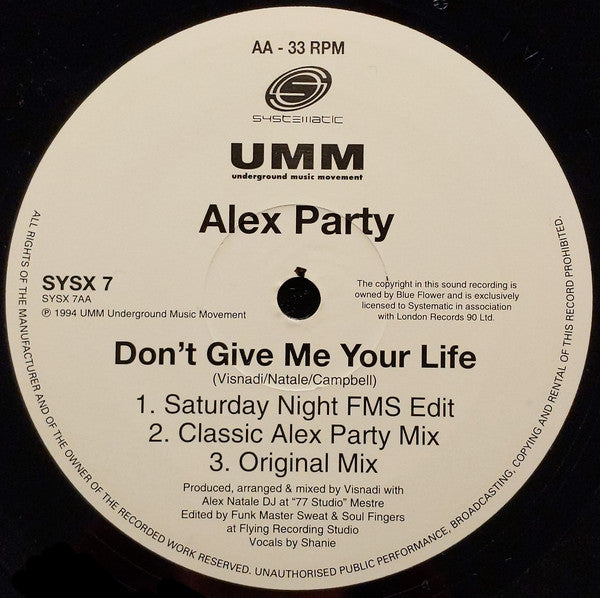 Alex Party : Don't Give Me Your Life (12", Single)