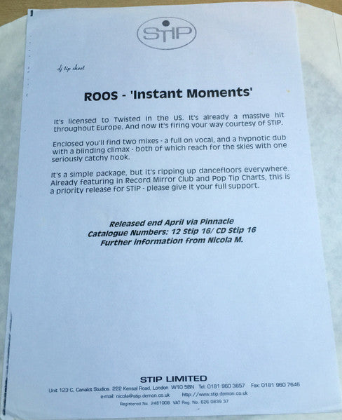 R.O.O.S. : Instant Moments (12", Promo, W/Lbl)