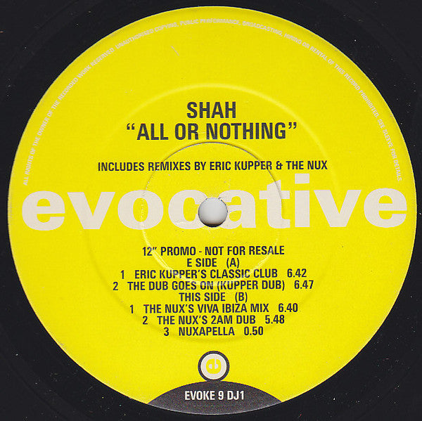 Shah (2) : All Or Nothing (12", Promo)