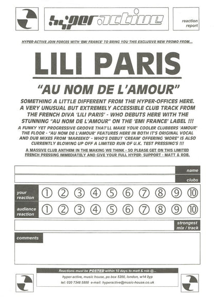 Lili Paris : Au Nom De L'Amour (12", Promo)