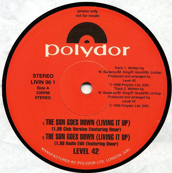 Level 42 : The Sun Goes Down (Living It Up) (12", Promo)