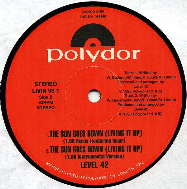Level 42 : The Sun Goes Down (Living It Up) (12", Promo)