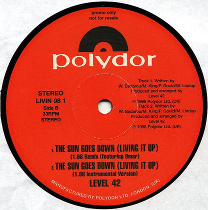 Level 42 : The Sun Goes Down (Living It Up) (12", Promo)