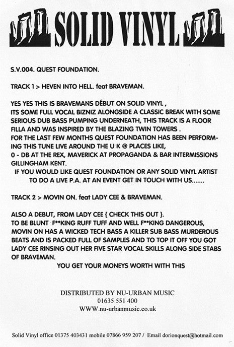 Quest/Foundation* Feat. Braveman : Heven Into Hell (12", W/Lbl, Sta)